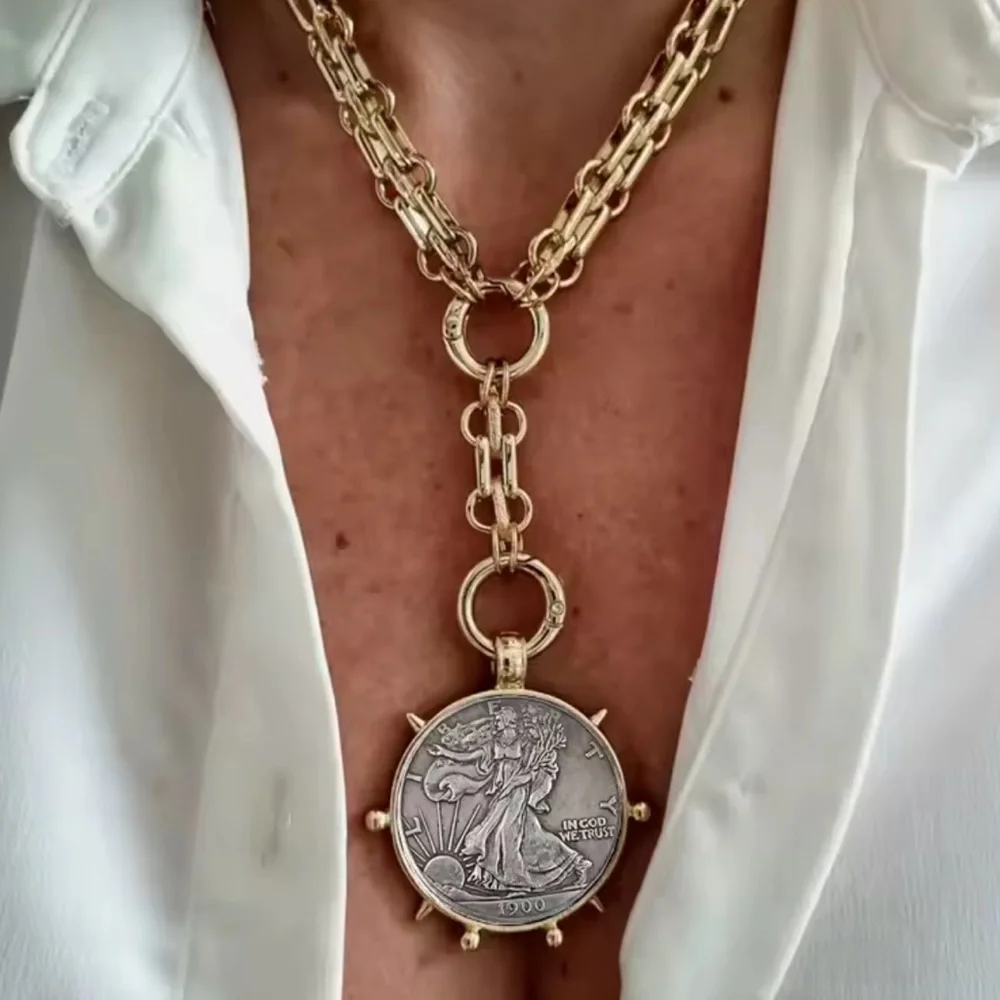 Gold Walking Liberty 1900 Coin Statement Necklace Y Lariat - Picture 2 of 3